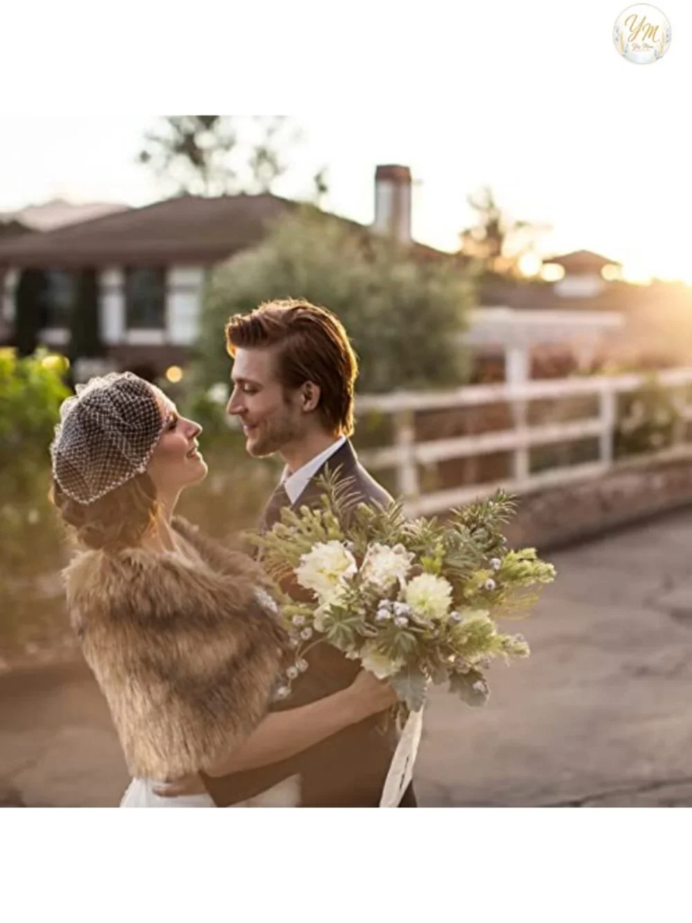 Faux Fur Shawl Wrap Stole with Pearl Rhinestone Brooches for Weddings